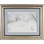Winter Figural Landscape, Signed Watercolor