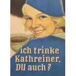 Werbeplakat für Malzkaffee "Ich trinke Kathreiner, du auch?", um 1950, mittig horizontaler Knick, a