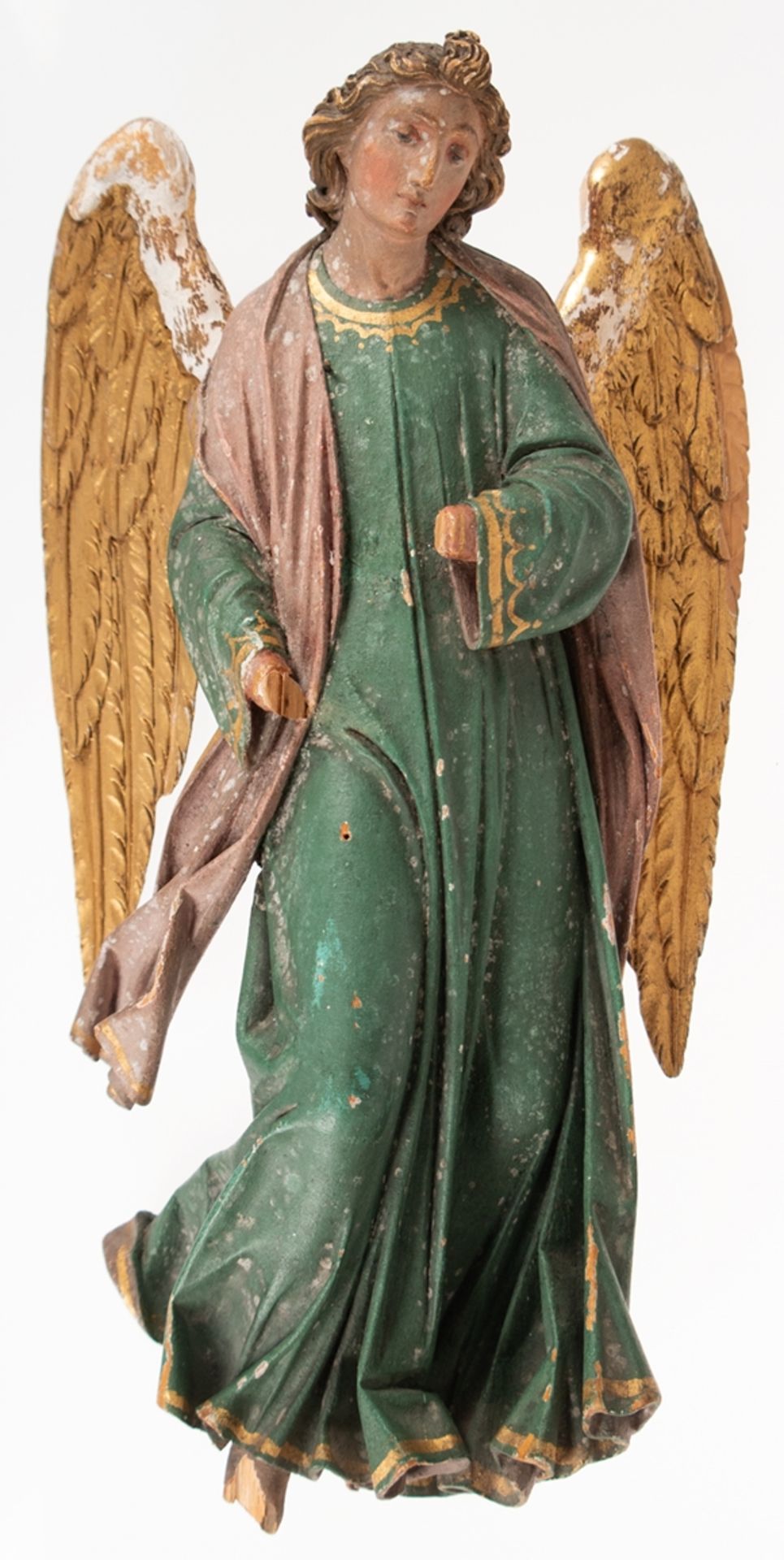Barock-Engel, Holz, geschnitzt und gefaßt, Hände fehlen, Fuß beschädigt, Flügel restauriert, H. 40