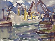 Beyer, Tom (1907 Münster/Westfalen-1981 Stralsund) "Frachter und Schwimmkran", Aquarell, signiert u