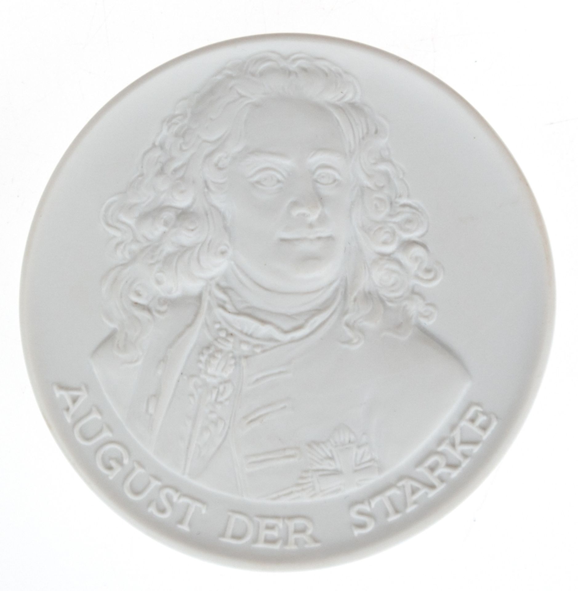 Meißen-Plakette "August der Starke", rückseitig "Dresden Zwinger", Biskuitporzellan, Dm. 6,5 cm