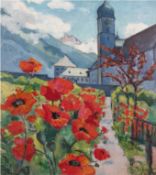 "Klatschmohn vor einer Festung im Bergland", Öl/Lw./Hartfaser, undeutl. sign. u.l., 70x59,5 cm, Rah