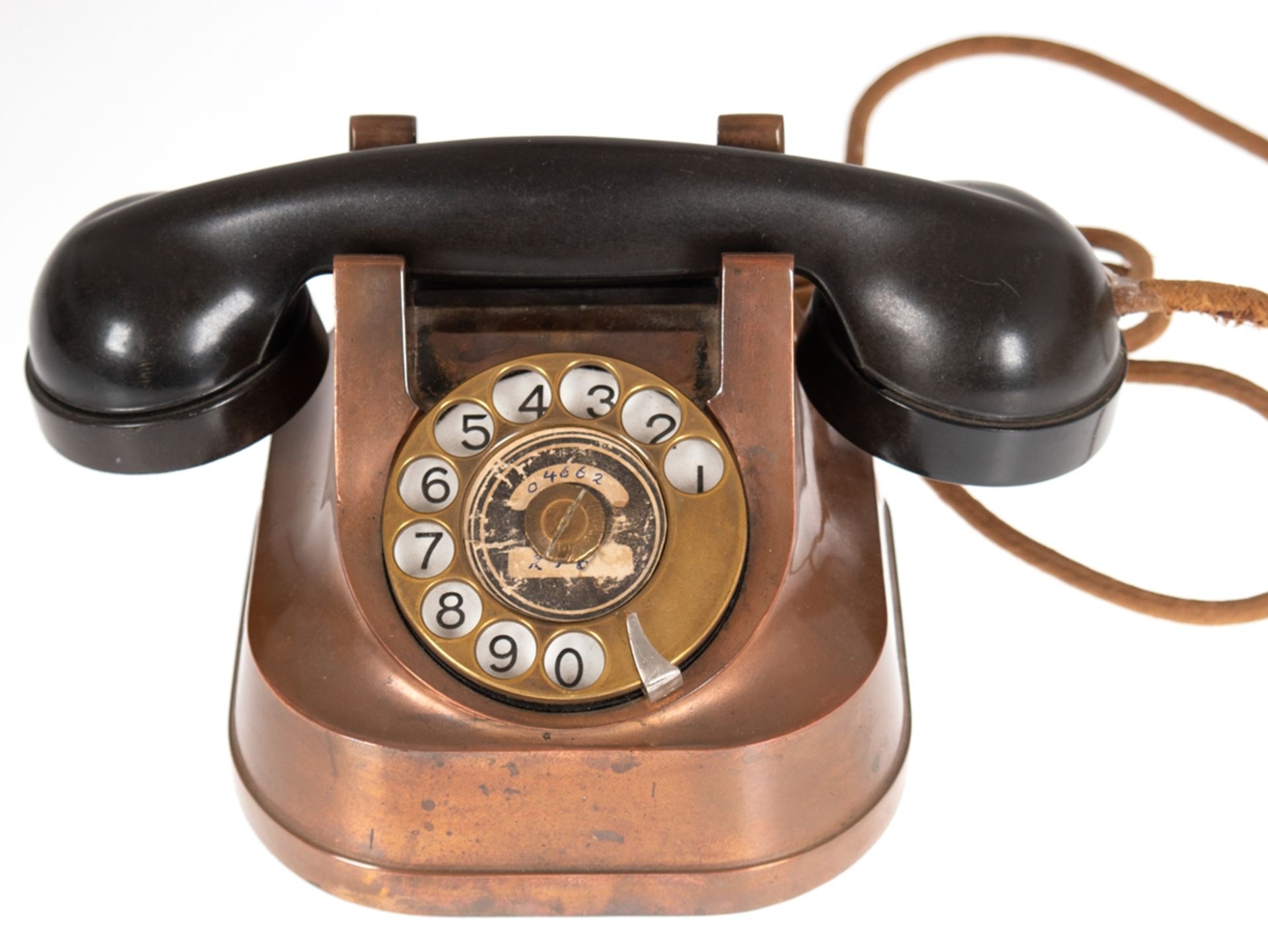 Telefon, Ericsson um 1950, Kupfer, Bakelithörer, Kabel besch., Gebrauchspuren, 12x13x13 cm