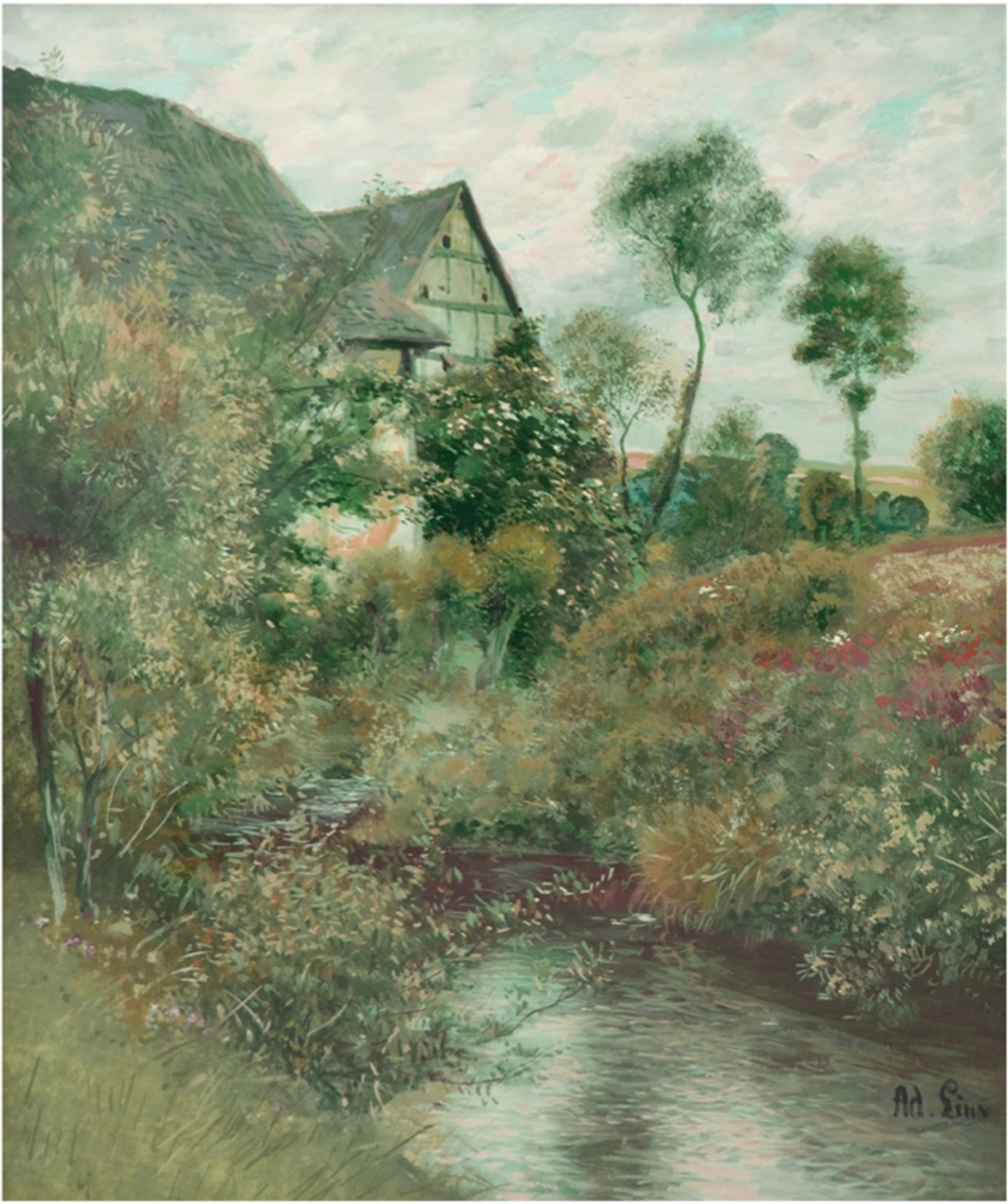 Lins, Adolf (1856 Kassel-1927 Düsseldorf) "An der Mühle", Gouache/Papier, sign. u.r., rückseitig be