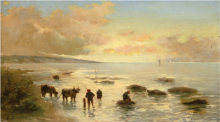 Duvemois, P. "Angelnde Hirten am Meer", Öl/Hf., sign. u.l. und dat. ´95, 47x77 cm, Rahmen