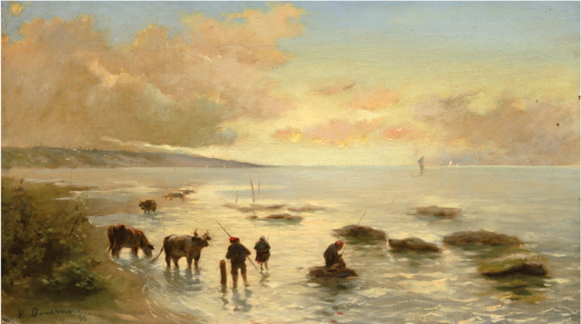 Duvemois, P. "Angelnde Hirten am Meer", Öl/Hf., sign. u.l. und dat. ´95, 47x77 cm, Rahmen