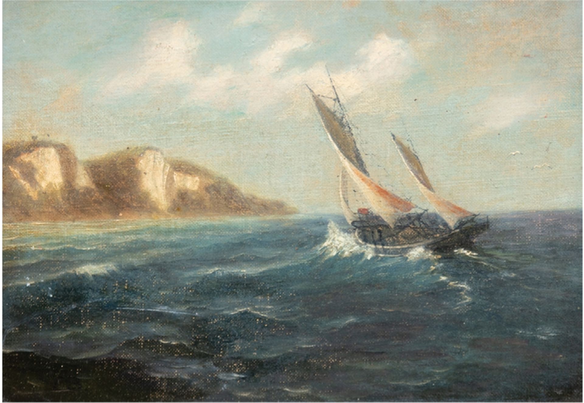 Monogrammist EB "Ostseesegler vor Kreidefelsen", um 1900, Öl/Lw./Sperrholz, monogr. u.l., 25x33 cm,