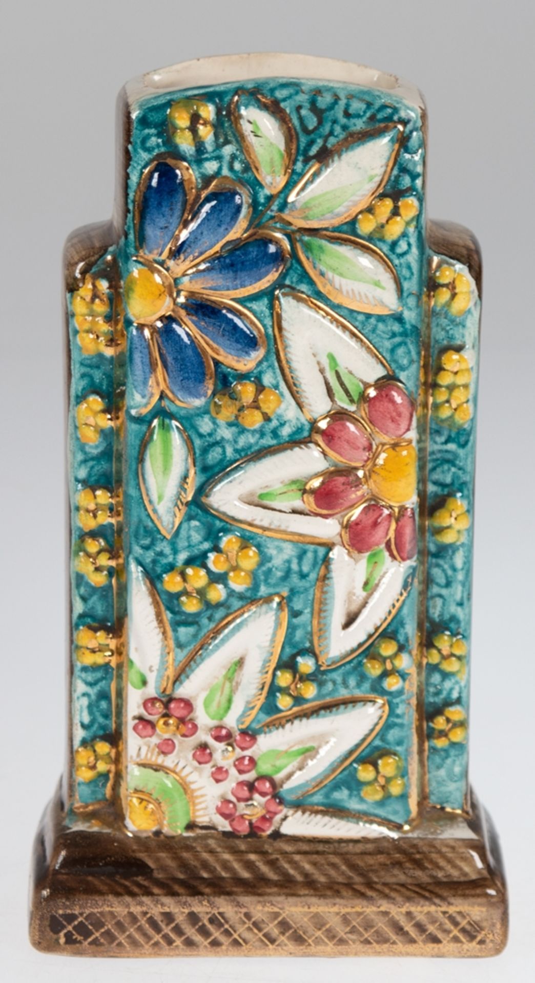 Art-Deco-Vase, Belgien um 1930, Keramik, schauseitig polychromer, floraler Reliefdekor, H. 22,5 cm