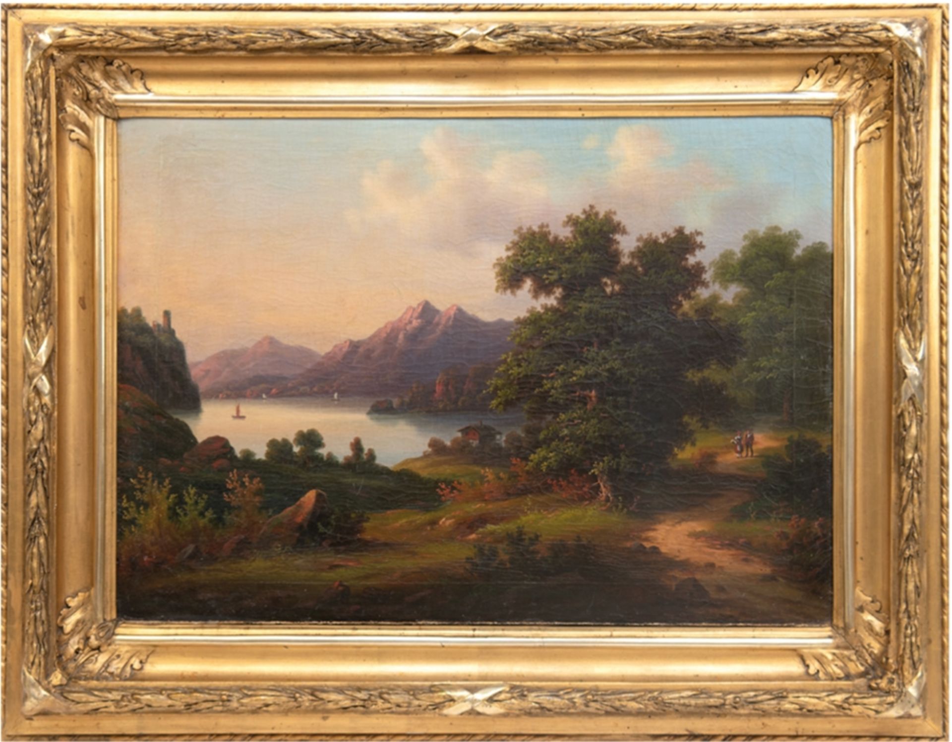 Italienischer Romantiker des 19. Jh. "Spaziergang am See", Öl/Lw., unsign., doubliert, 50x68 cm, R