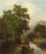 Landschaftsmaler 2. H. 20. Jh. "Bewaldete Flußlandschaft mit Bergmassiv", Öl/Lw., undeutl. sign. u.