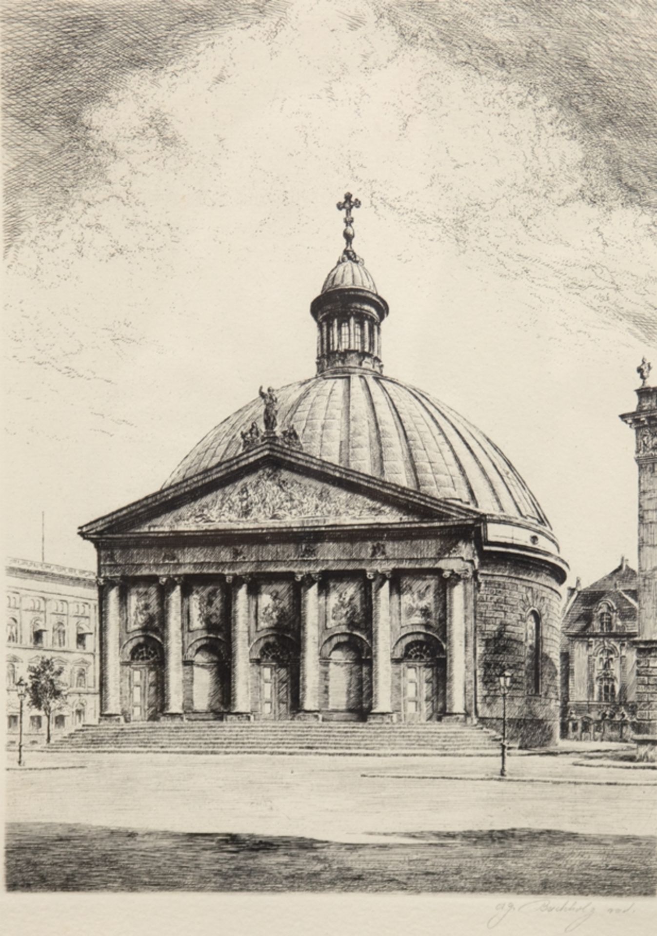 "St. Hedwig Kathedrale in Berlin", Radierung vor 1945, bez. ag. Buchholz, rad., 41x31 cm, hinter Gl