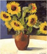 Karberg, Bruno  (1896 in Hamburg-1967 ebenda) "Sonnenblumen im Tonkrug", Öl/Lw., signiertund datier