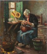 Haerendel, Harry (1896-1991) "Frau in Küche beim Kartoffelschälen", Öl/Lw., sign. u.r., 81x71 cm