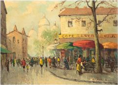 Roman, A. "Herbstliche Straßenszene in Paris mit Sacre Coeur im Hintergrund", Öl/Lw., sign. u.r., 6