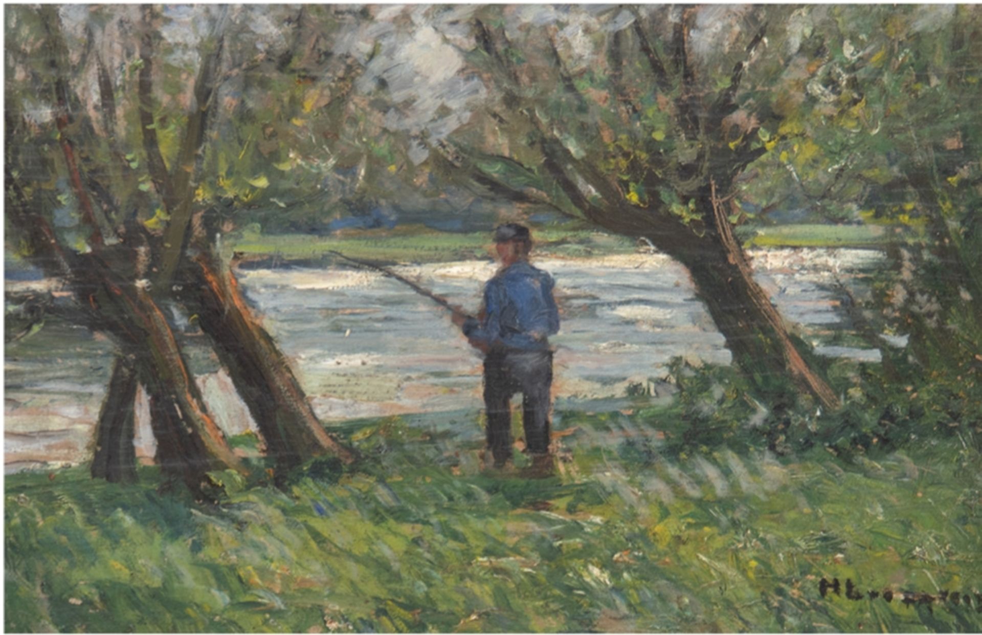 Liesegang, Helmut (1858 Duisburg-1945 Leipzig) "Angler am Rhein-Altwasser bei Kaiserswerth", Öl/H.,