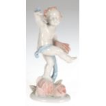 Porzellanfigur "Putto mit Getreidegarbe auf Rosen stehend", Ilmenau, Metzler & Orloff, polychrom be