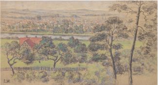 Wagner, Louise M. (1875 Neuendorf- 1950 Schleswig) "Dorf in weiter Flußlandschaft", Farbstiftzeichn