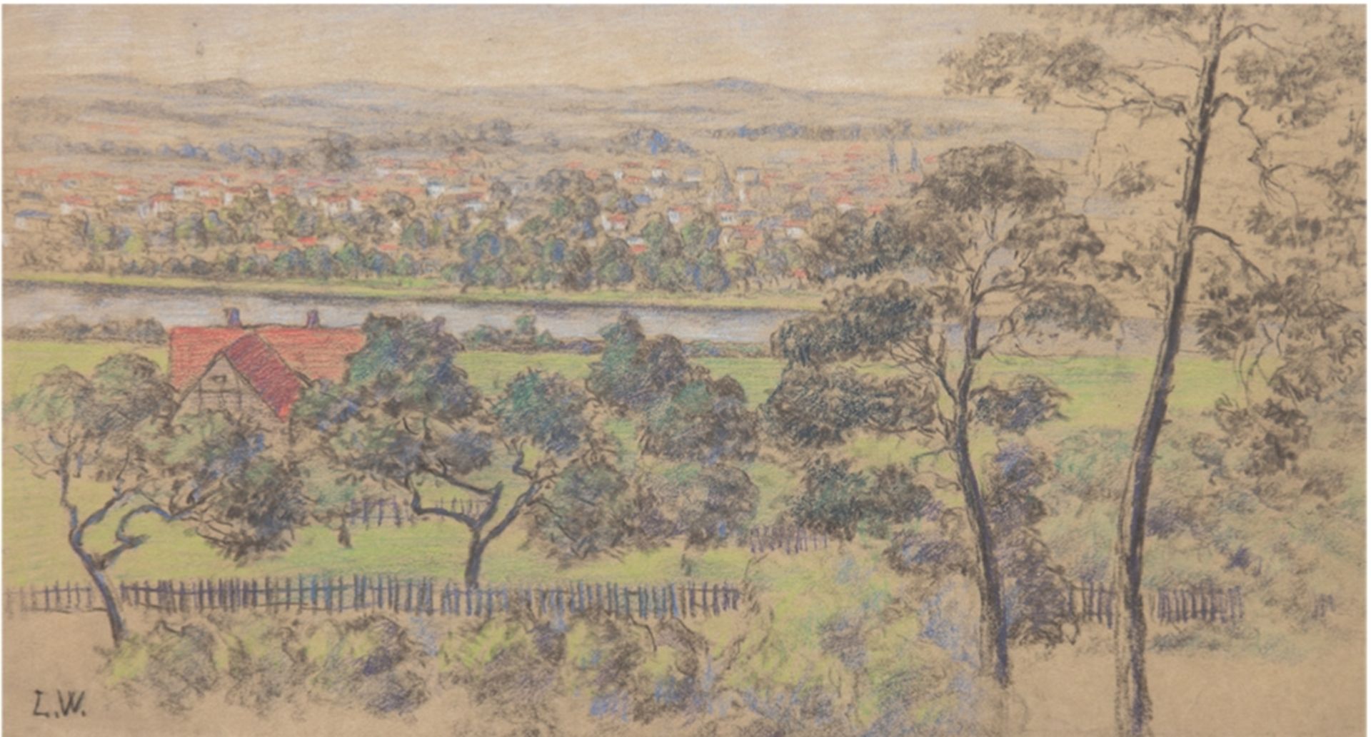 Wagner, Louise M. (1875 Neuendorf- 1950 Schleswig) "Dorf in weiter Flußlandschaft", Farbstiftzeichn