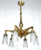 Art-Deco-Deckenlampe, Bronze, 6-flammig, floral reliefiert, Mattglasschirme mit Ornamentrelief, H. 