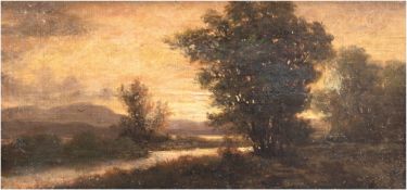 "Romantische Flußlandschaft in der Dämmerung", Öl/Lw., unsign., 14,5x30 cm, Rahmen