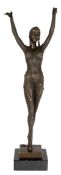 Bronze-Figur im Art Deco-Stil "Tänzerin mit erhobenen Armen", Nachguß, braun patiniert, bezeichnet 