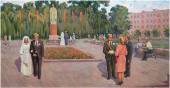 Maler des 20. Jh. (UdSSR) "Sowjetische Hochzeit- Brautpaare legen Blumensträuße vor Lenindenkmal ni