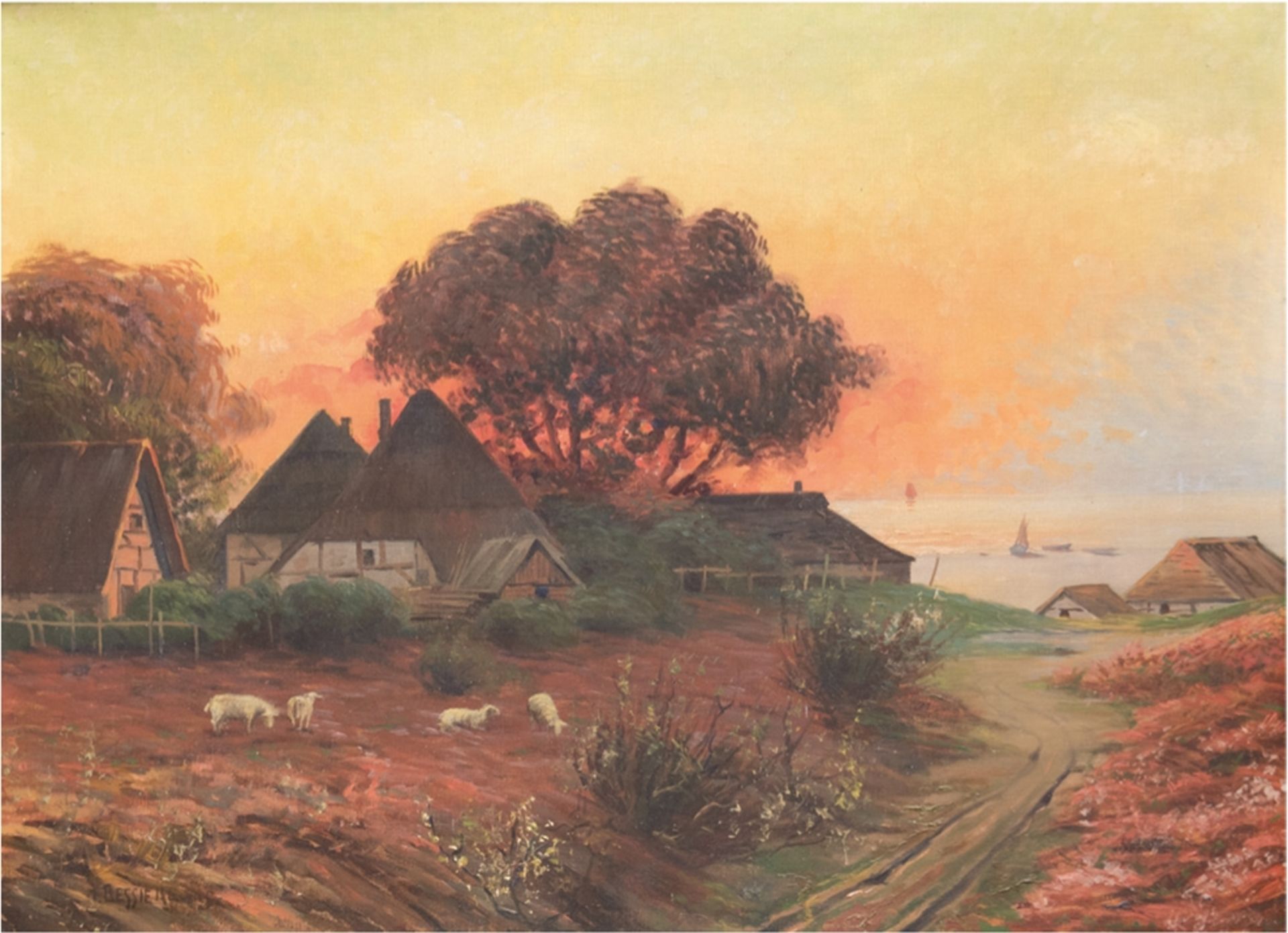 Bessiere, R. (um 1900) "Bauerngehöfte an der Küste im Abendrot", Öl/Lw., signiert u.l., rücks. mehr
