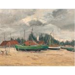 Kühnen, Th. "Fischerboote am Strand bei Brösen", Öl/Lw./Pappe, rückseitig bez., 39x45 cm, Rahmen