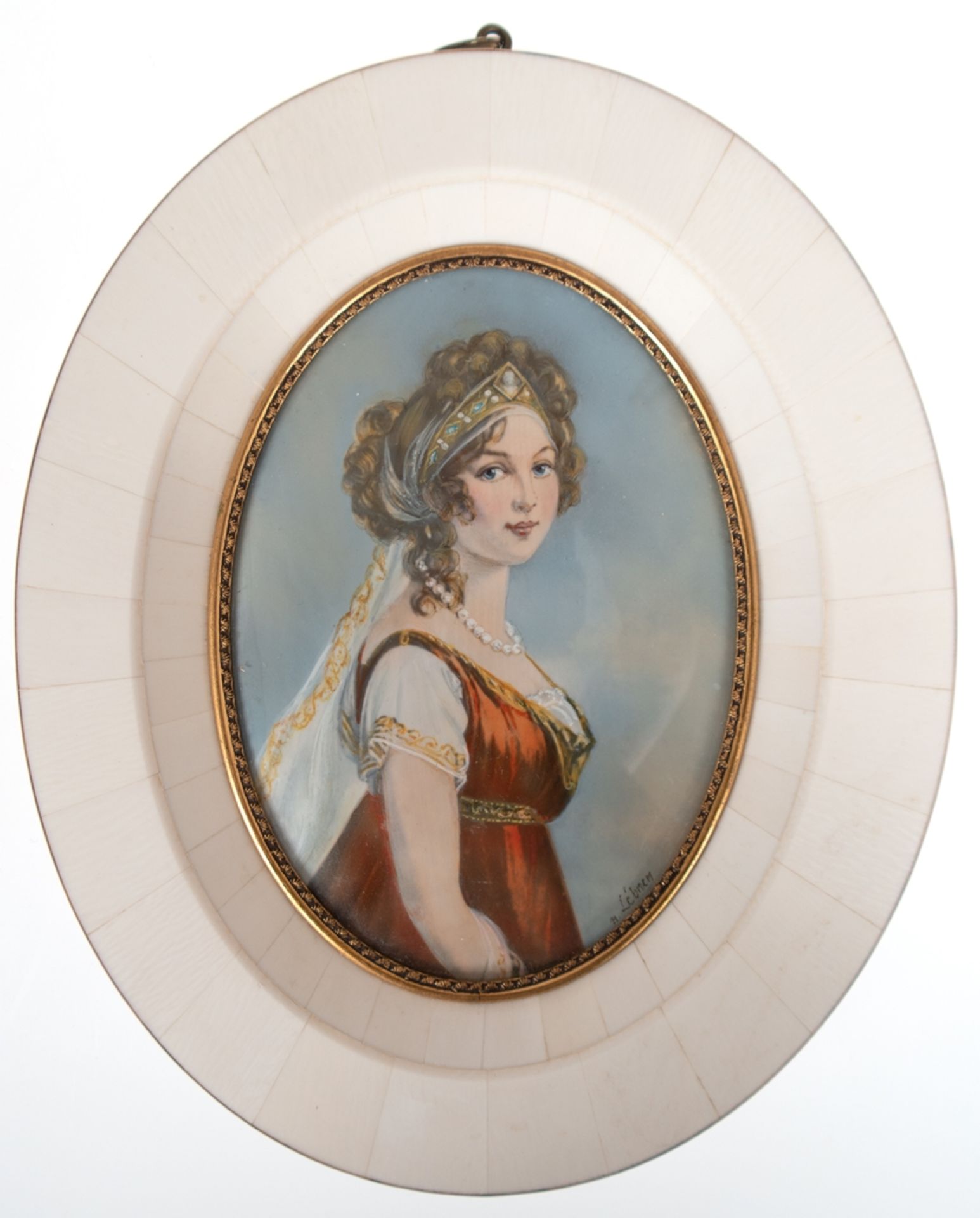 Miniaturmalerei "Bildnis der Luise", feine Malerei auf Bein, sign.Lé brun, oval, 13,5x9,5 cm, im Be