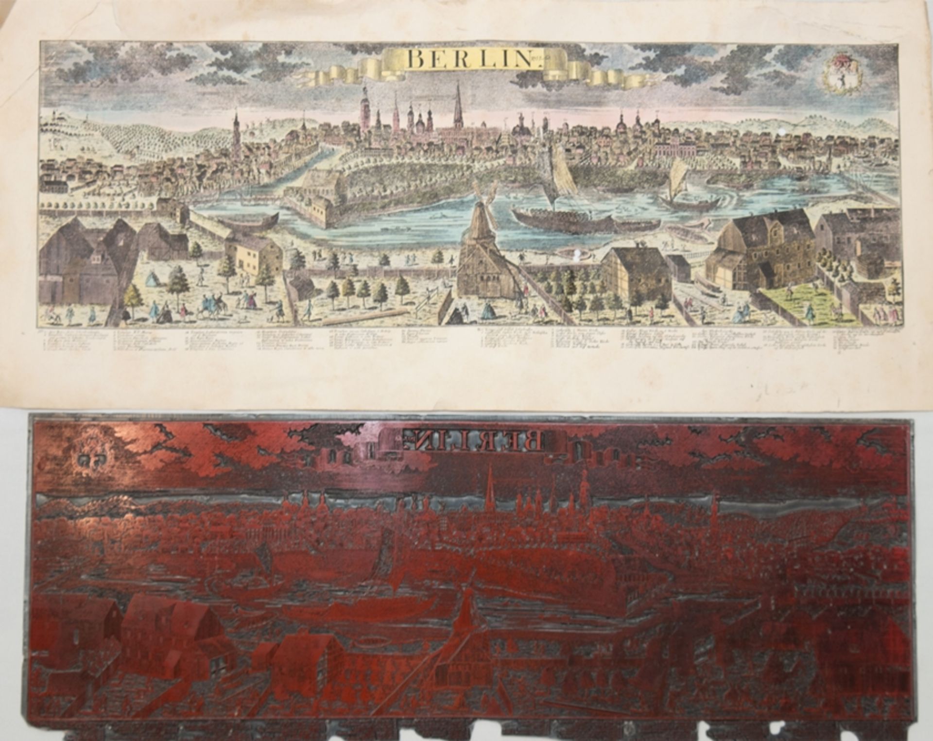 Kupferstich und Druckplatte "Panoramaansicht von Berlin" nach Johann Friedrich Probst, Probeabzug,