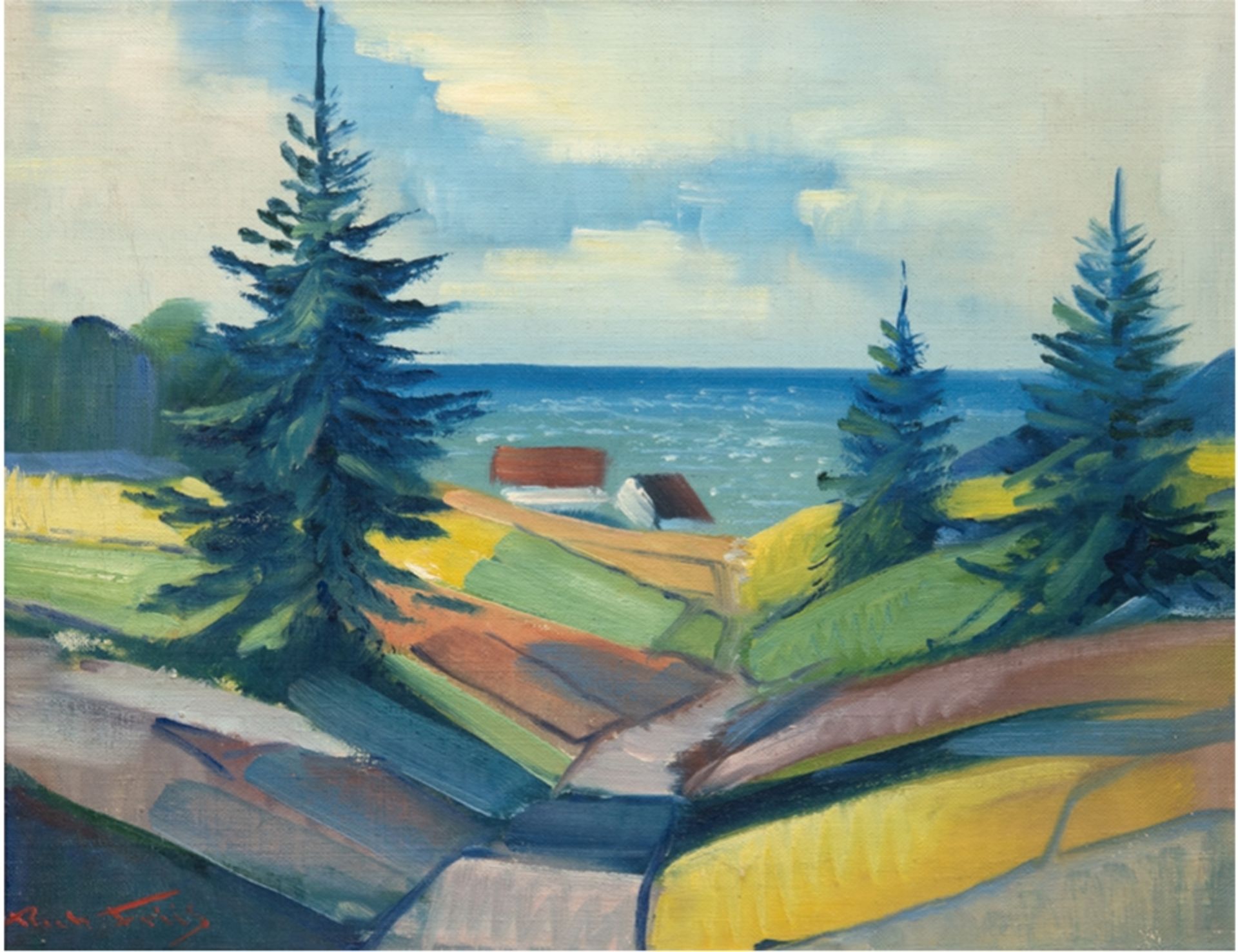 Friis, Richard (geb. 1924) "Tannen am Ufer", Öl/Lw., signiert u.l., 50x58 cm, Rahmen