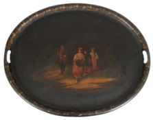 Tablett, Blech, oval, Rußland um 1870, Vischnjakow, gemarkt, im Spiegel figürliche Lackmalerei, Ran