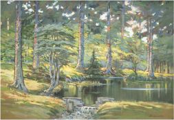 Herdemertens, Otto (1891 Danzig-1960 Hamburg) "Sommerliche Waldidylle in den Masuren", Gouache, sig