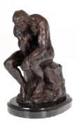 Bronze-Figur "Der Denker", Entwurf Auguste Rodin, postumer Guß, unsign., auf ovaler, schwarzer Marm