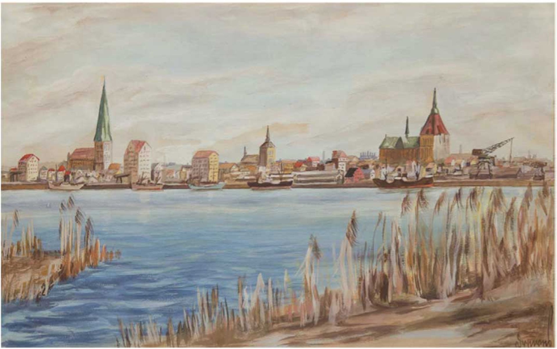 Künstler des 20. Jh. "Stadtansicht von Rostock", Aquarell, undeutlich sign., 31x49 cm, Passepartout