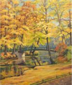 Schroer, Max (1892-nach 1947) "Herbstlicher Park mit Flußlauf", Öl/Lw., mehrere kl. Hinterlegungen,