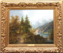 Boehm, Eduard (1830-1890) "Partie aus Oberbayern"-Wanderer auf bewaldetem Uferweg in romantischer B