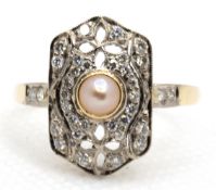 Ring im Art Deco-Stil, 750er WG/GG, Brillanten ca. 0,57 ct., echte, rosafarbene Perle, RG 59, Innen