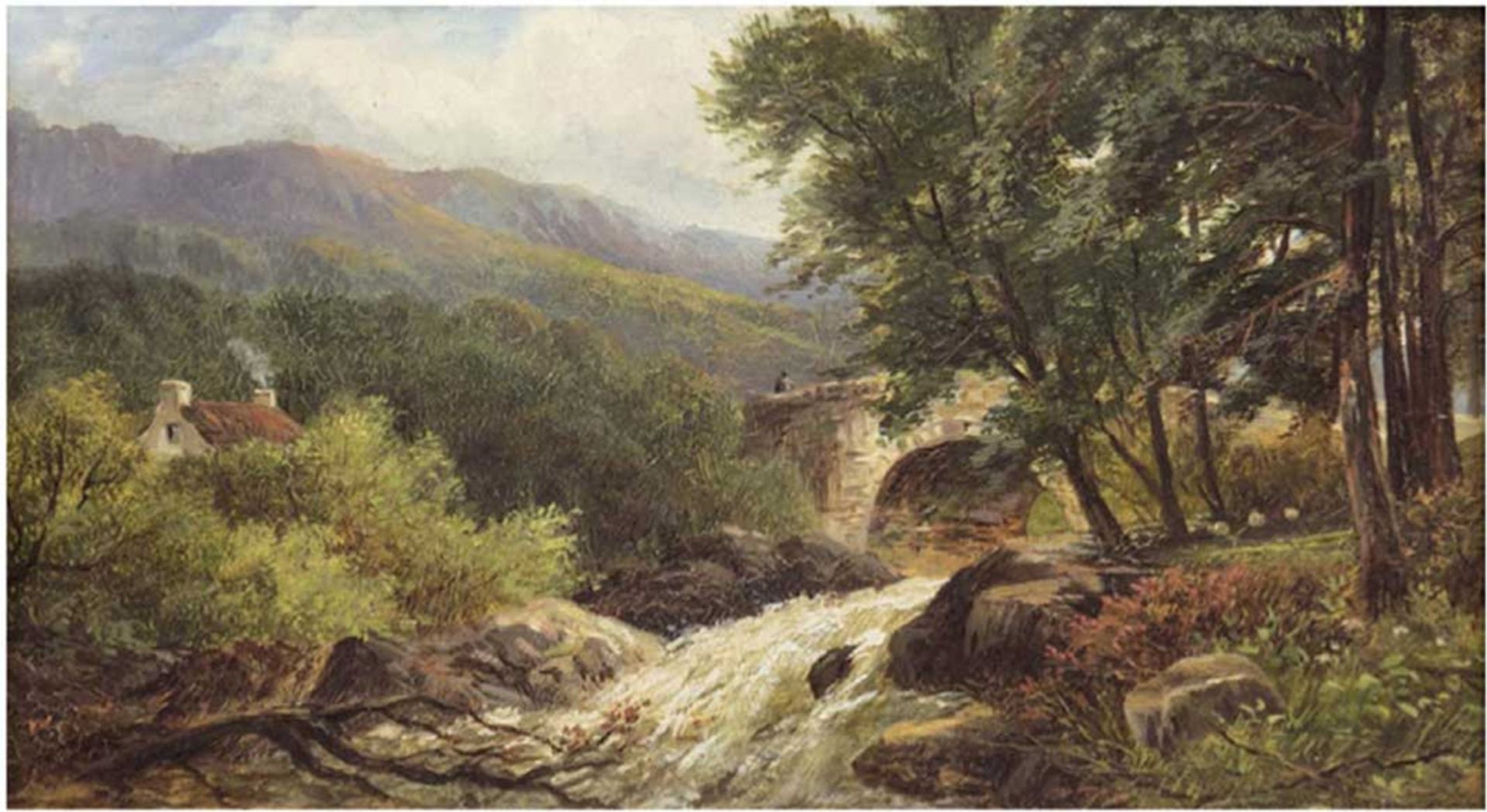 Landschaftsmaler des 19. Jh. "Alte Steinbrücke über Gebirgsbach", um 1860, Öl/MP. auf Holz aufgezog