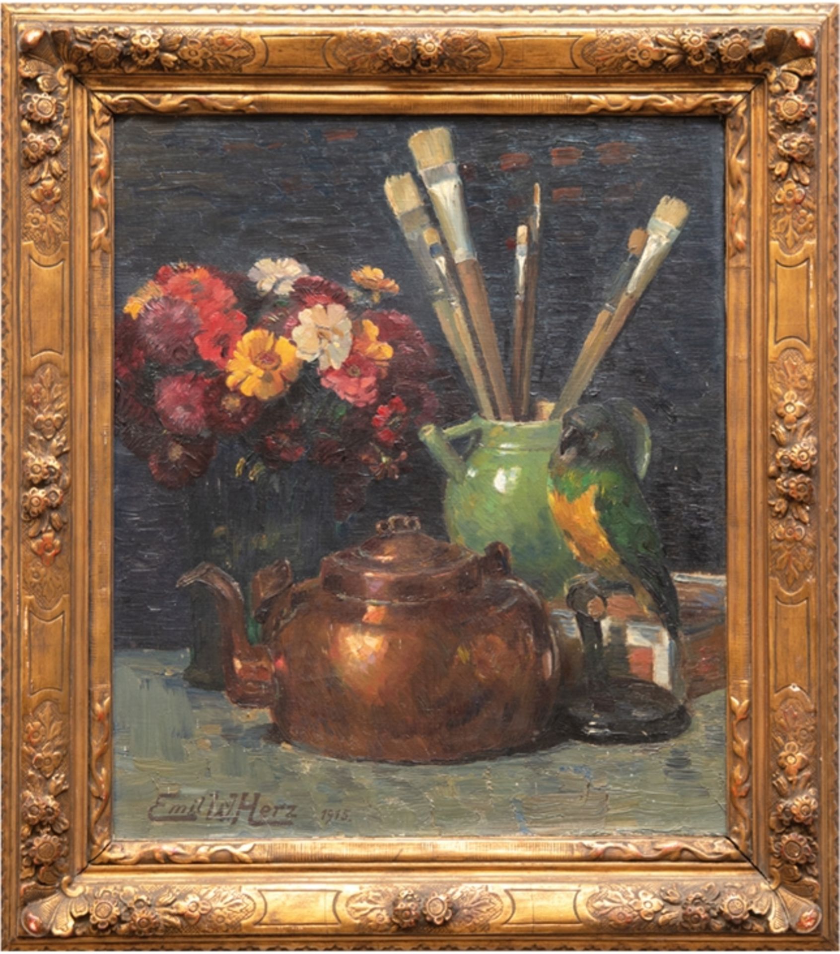 Herz, Emil W. (1877 Frankfurt am Main-1943Berlin) "Stillleben mit Blumen, Kupferkessel und Pinseln 