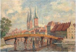 Möller-Schlünz, Fritz (1900 Schwaan-1990) "Dankwartsbrücke, Petri- und Marienkirche in Lübeck", Öl/