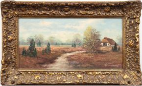 Kummer, Herbert (Maler des 20. Jh.) "Heide mit alter Kate", Öl/Lw., sign. u.r., 20,5x41 cm, Rahmen