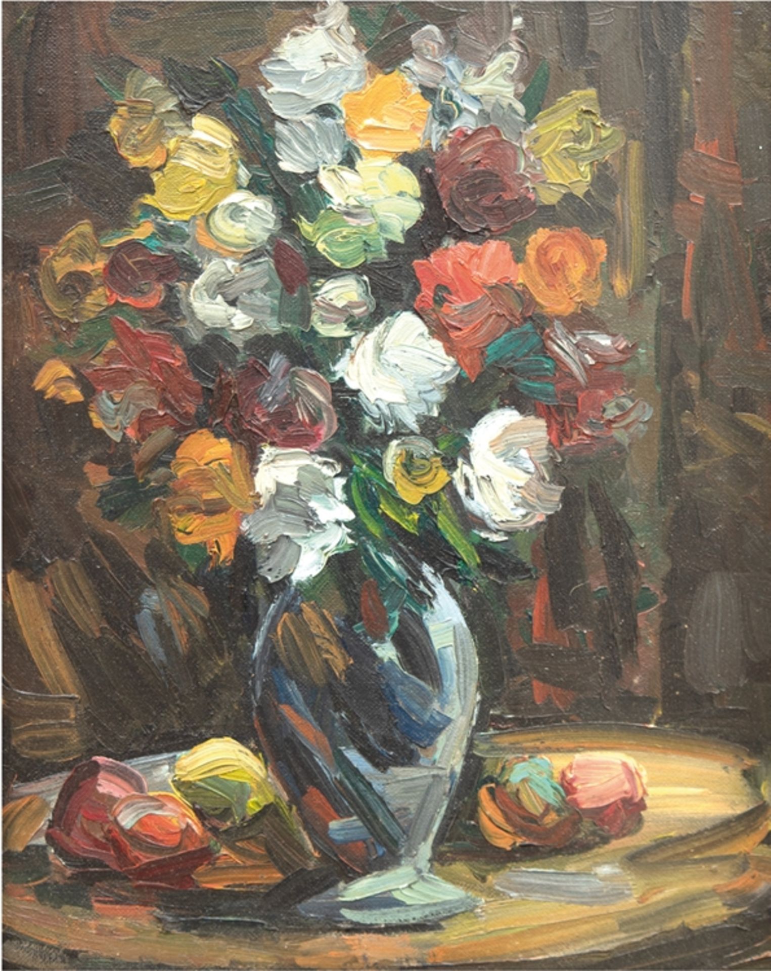 Expressionist des frühen 20. Jh. "Blumenstilleben mit Früchten", Öl/Hartfaser, 67x50 cm, Rahmen