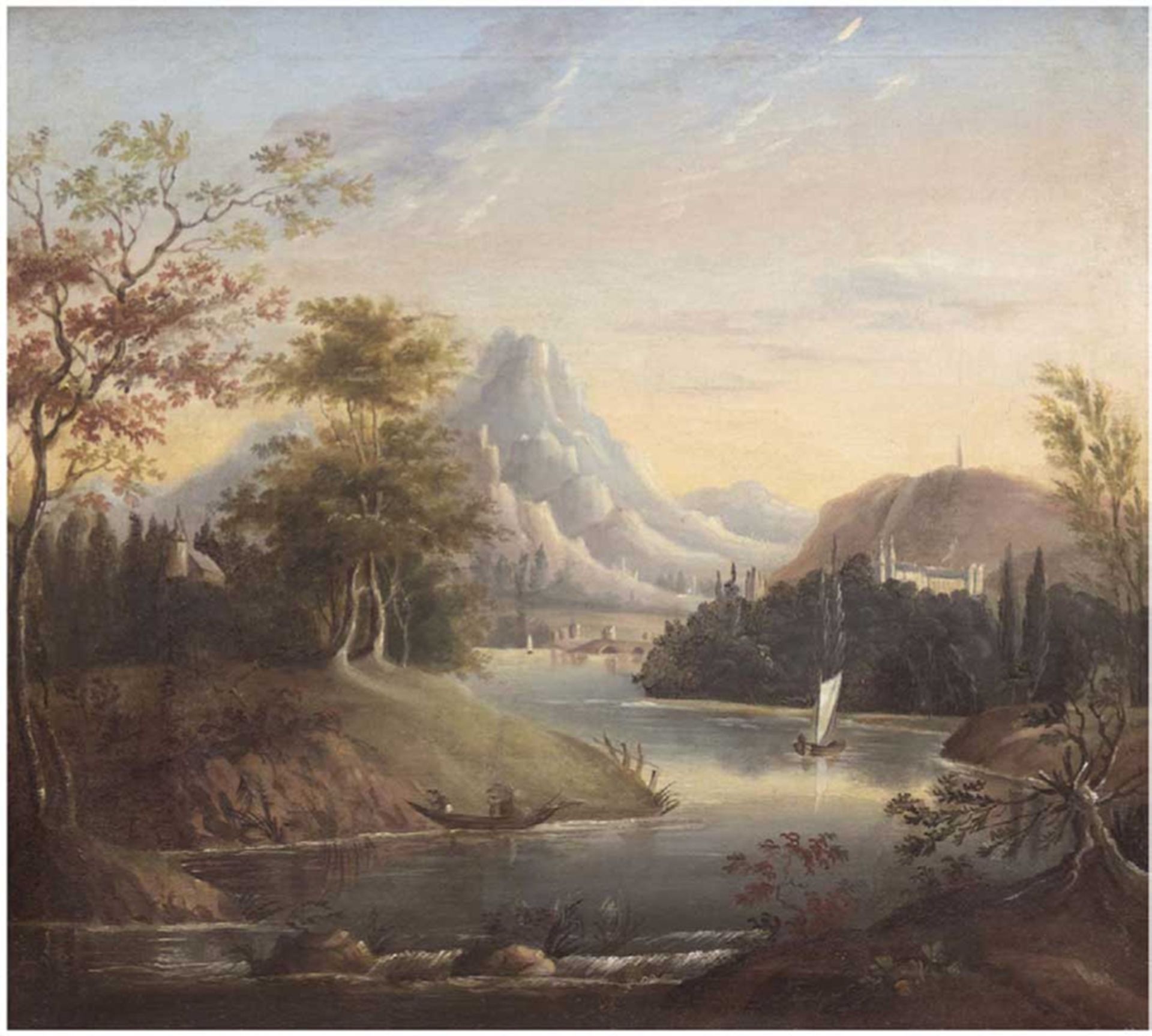 Romantiker des 19. Jh. "Romantische Flußlandschaft mit Burg und Booten", Öl/Lw., unsigniert, 43x48 