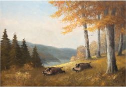 Wegener, Georg (1917 Magdeburg) "Wildschweine auf der Flucht", Öl/Lw., sign. u.r., 61x80 cm, ungera