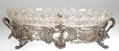 Jugendstil-Schale, 800er Silber, mit Glaseinsatz (gerissen), ovale Form auf 4 Füßen und 2 Handhaben