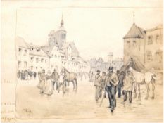 Koch, Georg Karl (1857 Berlin- 1936 ebenda) "Pferdemarkt", Tinte/Papier, Studie, sign. u.l. mit Ran