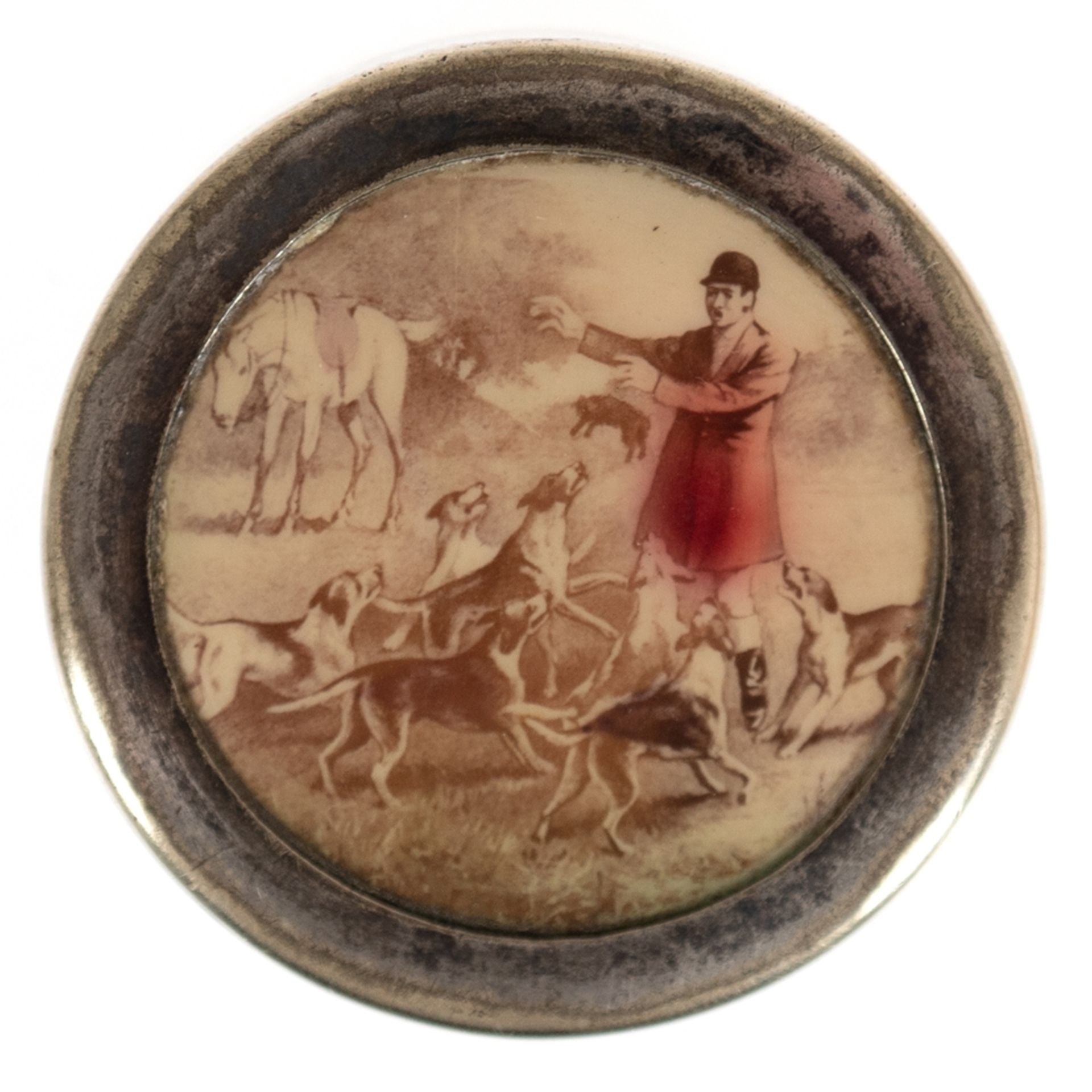 Kleine Deckeldose, Pillendose, versilbert, Deckel mit "Jagdmotiv", Miniaturmalerei auf Bein, Gebrau