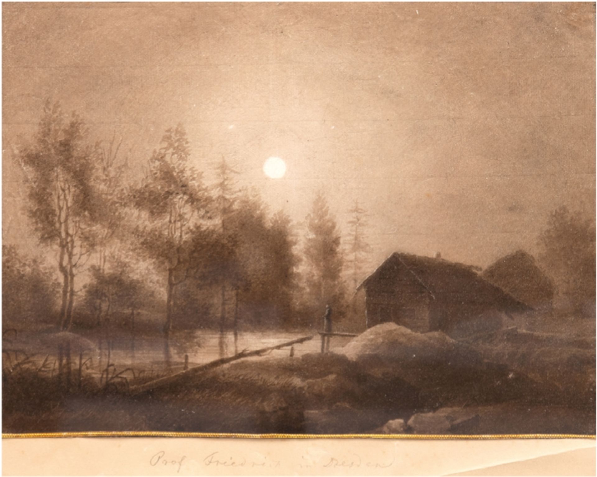 Friedrich, Ludwig (1827-1919) "Vollmond über romantischer Flußlandschaft mit Holzhütte", Sepiazeich