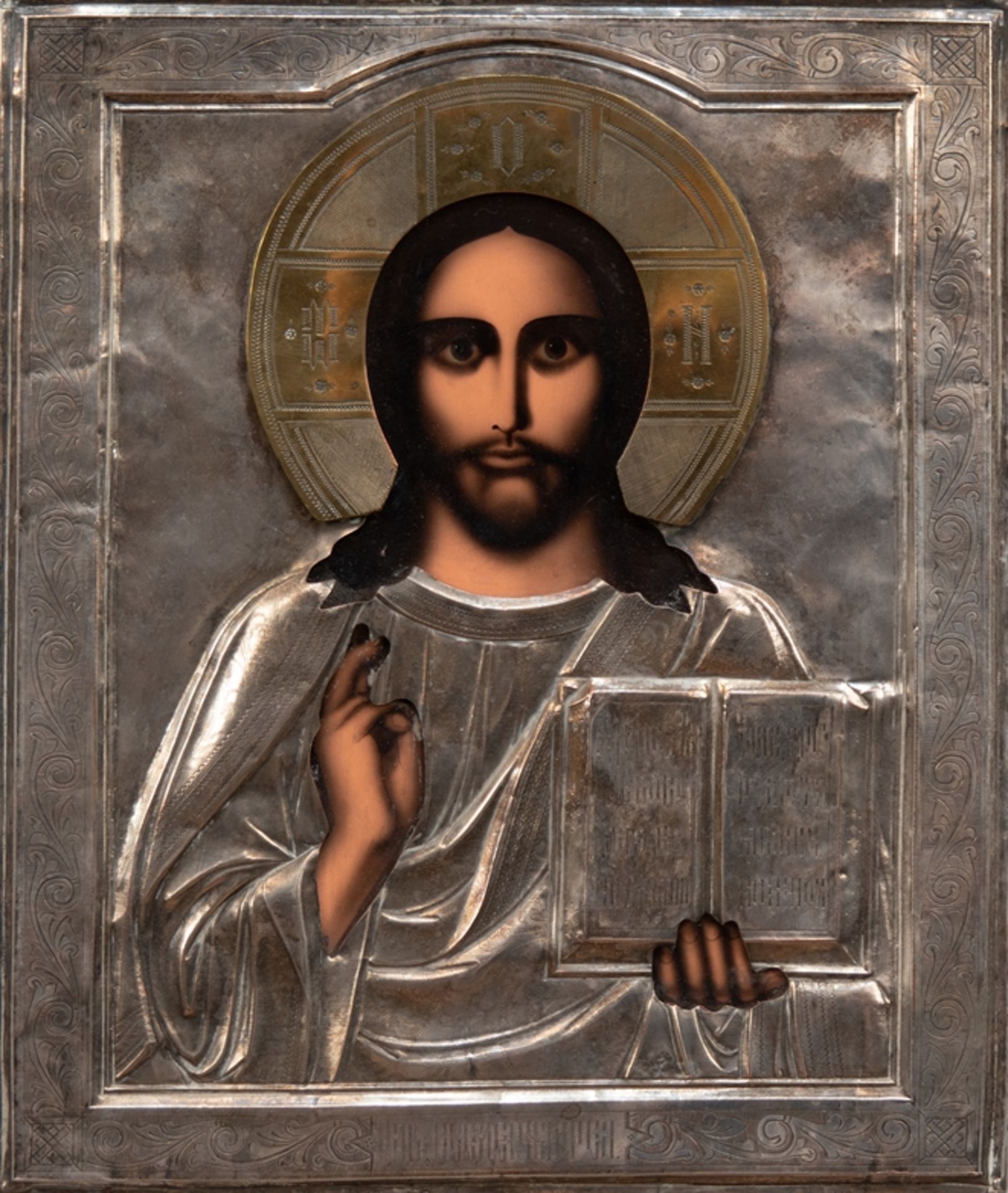 Ikone, 19. Jh., Christus Pantokrator, Öl/Holztafel, mit reliefiertem und ziseliertem versilbertem K